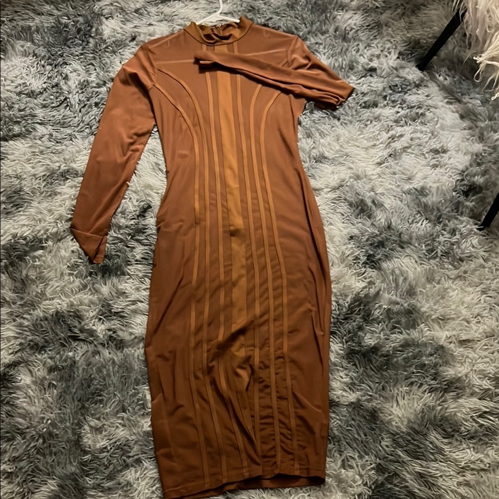 Mesh Brown Midi Dress - Picture 2 of 6